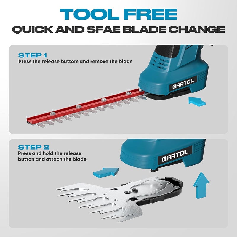 GARTOL Hedge Trimmer Cordless 2-in-1, 12'' Bush Trimmer & 20V Battery Powered Grass Shears with Battery & Charger, Lock, Fast Blade Change, Electric Hedge Shears Compatible with 18V Makita Batteries - Image 5